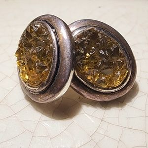 Amber Druzy textured oval silver screwback and clip on earrings